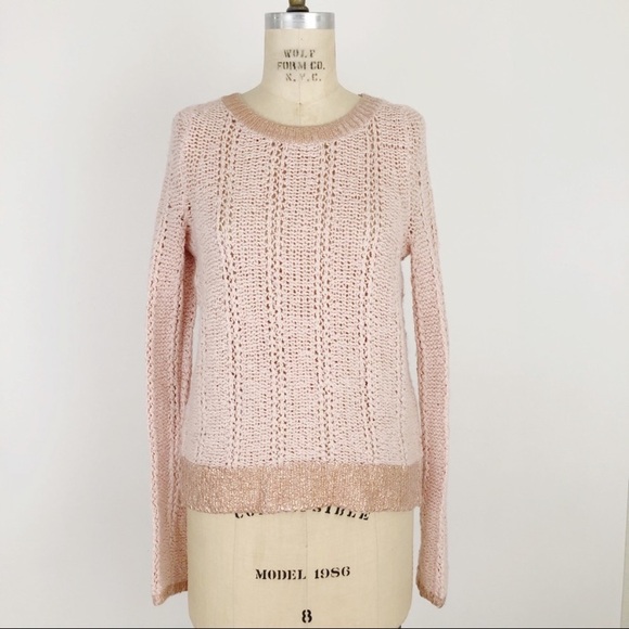 Anthro Moth Metallic Gold Wool Blend Rose Pink Chunky Open Knit Pullover Sweater - Picture 3 of 9